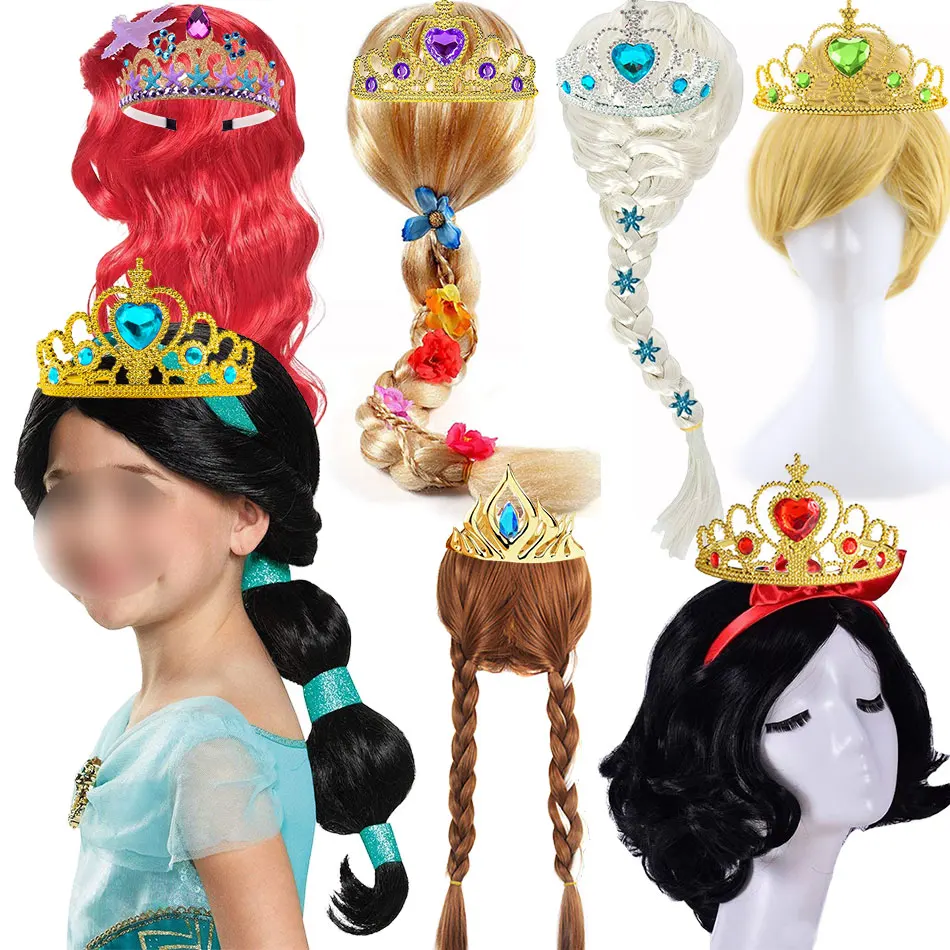 2024 Girls Cosplay Costume Accesories Princess Elsa Jasmine Dress up Tiara Headgear Wig Toddler Comic Con Synthetic Moana Hair