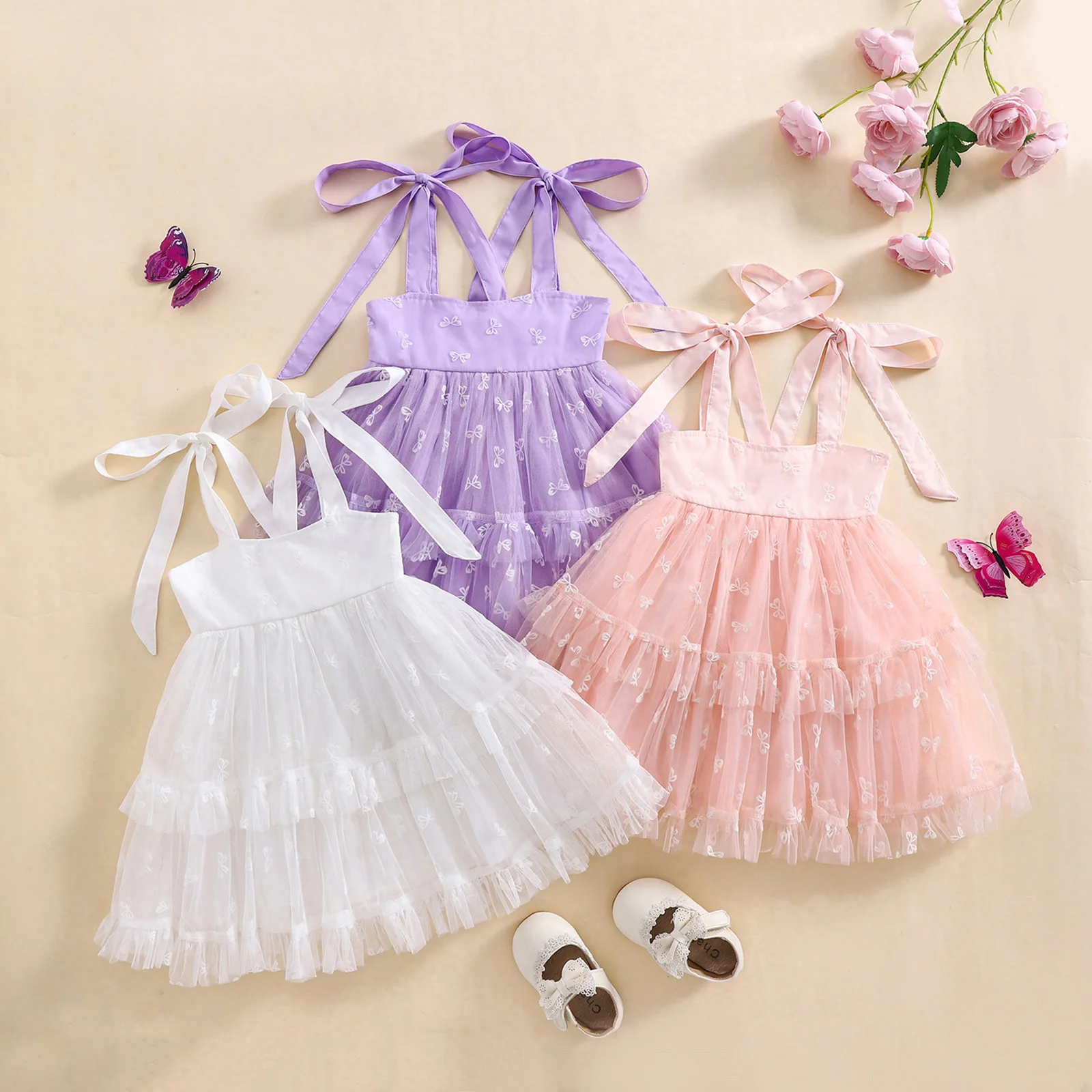 Little Girls Summer Princess Dress Sleeveless Bow Embroidery A-line Cami Tulle Dresses