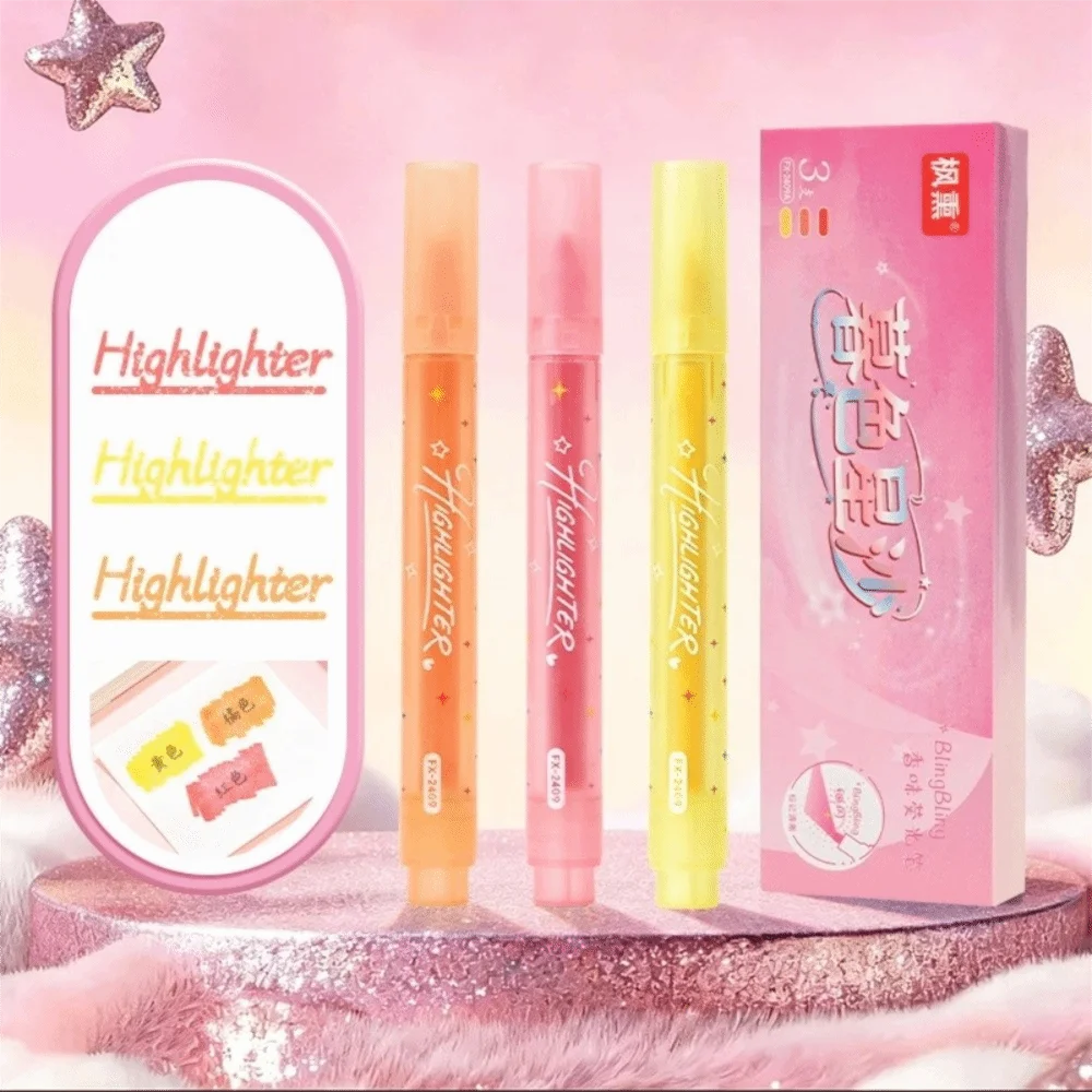 3pcs With Scent Glitter Highlighters Chisel Tip Multi-functional Shimmer Highlighter Pen Journal Highlighters School Supplies