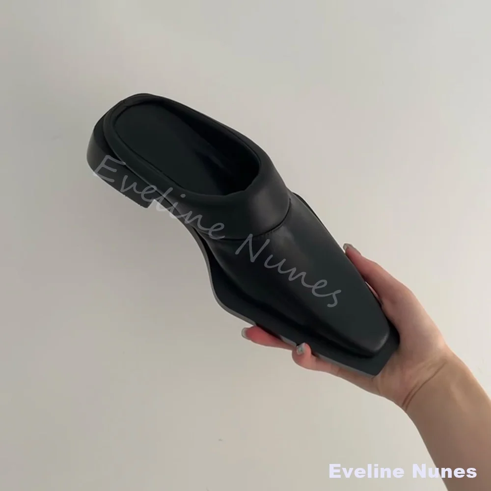 Retro Closed Toe Casual Mules Women Black Leather Square Toe Chunky Heel Outdoor Slip On Slippers 2026 Spring New Simple Shoes