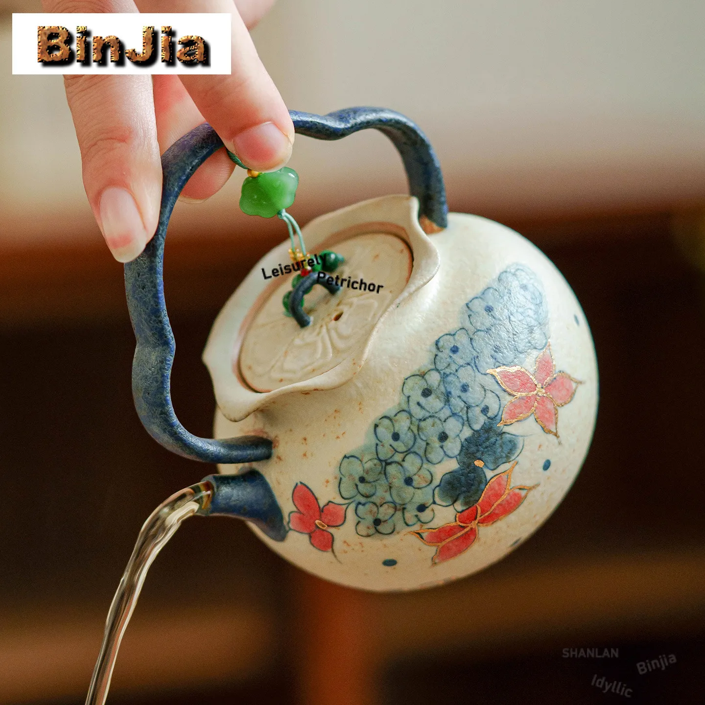 150ml Hand Painted Hydrangea Lifting Handle Teapot Ancient Tea Infuser Pot Tea Soaking Kettle With Filter Tea Items Collection