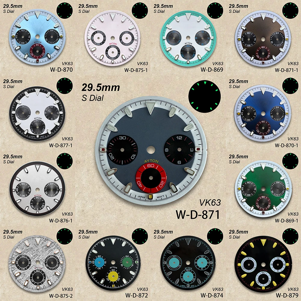 

29.5mm S Logo panda Colorful DTN Three Ey Dial Fit VK63 Movement Green Luminous High-Quality Dial Watch Modification Accessories