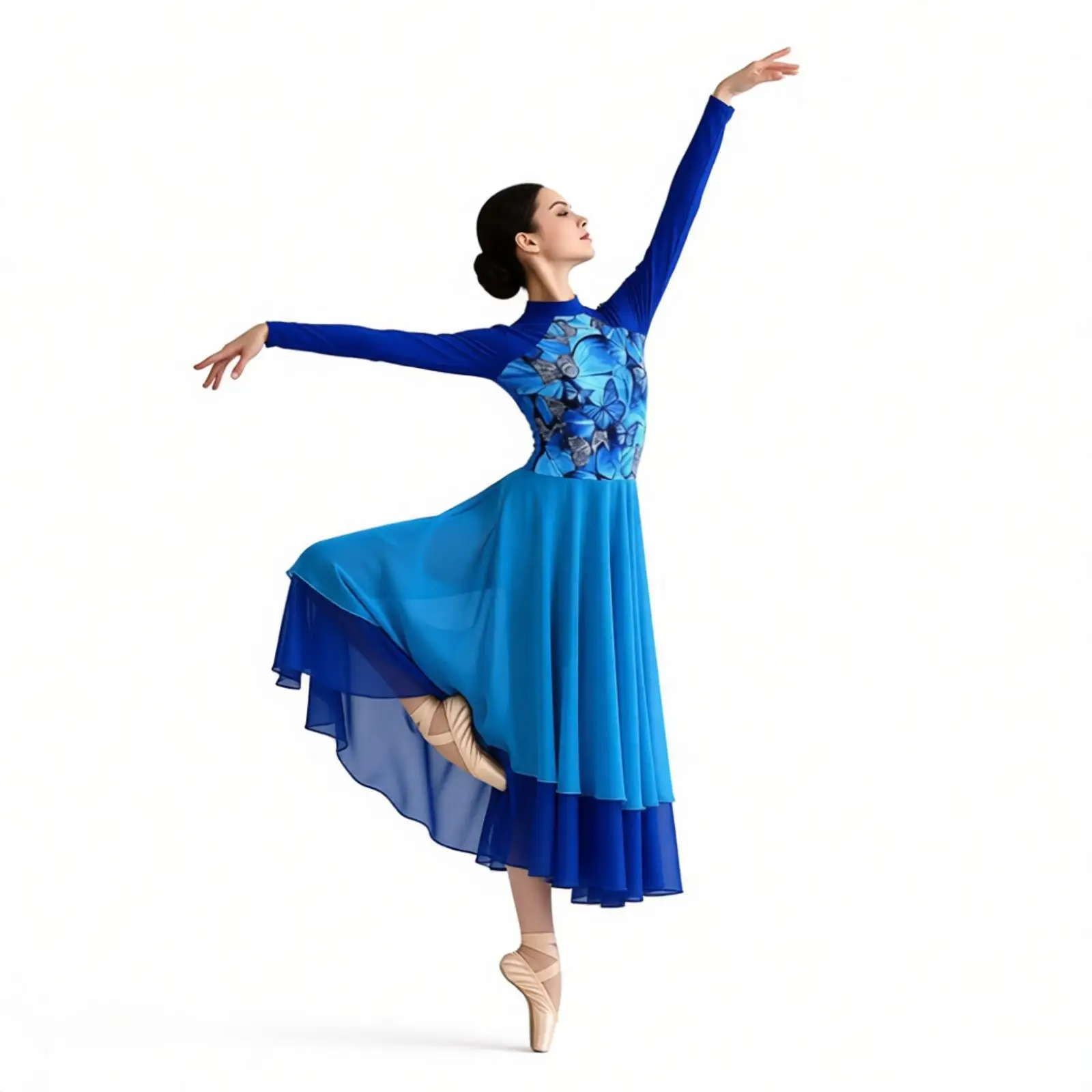 

Womens Liturgical Praise Dance Dress Lyrical Worship Church Choir Costume Long Sleeve Print Tiered Chiffon Hem Leotard Dresses