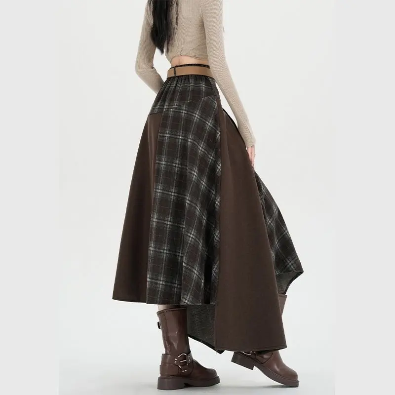 Qiukichonson Long Skirts Women Plaid Skirt Vintage Spring Autumn Patchwoek High Waist Ruffles Asymmetrical Maxi Skirt With Belt
