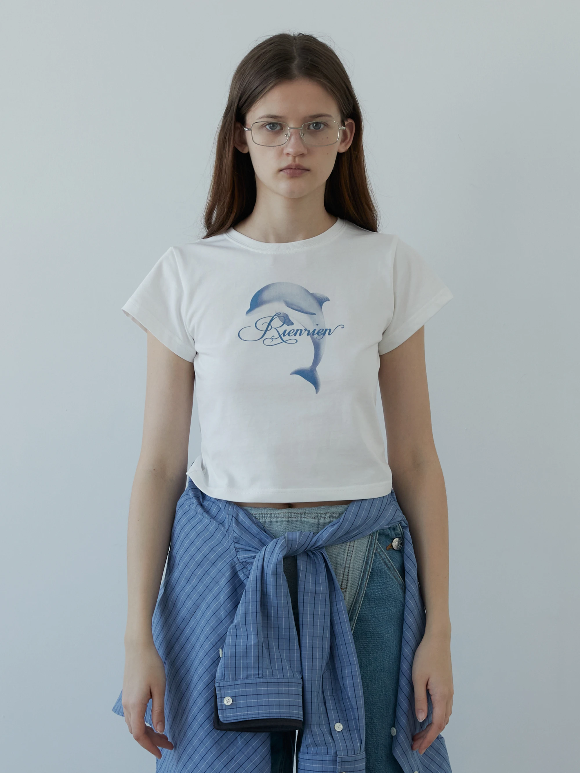 

Rien Rien Vintage Dolphin Print Slim Fit ort Sve T-irt Women's Design Sensation Casual Cotton Top for Summer