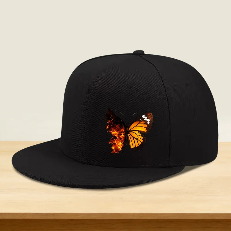 1pc Flame Butterfly Print Hip-Hop Cap, Flat Brim High Top, Men'S and Women'S Outdoor Sport Style, Beach Vacation, Music Festival