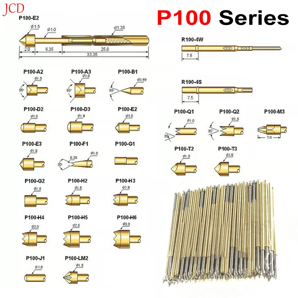 JCD 10pcs P100 Series Spring Test Pin A2 A3 B1 D2 D3 E2 E3 F1 G1 G2 H2 H3 H4 H5 J1 Q1 Q2 T2 LM2 PCB Probe Pogo Pin Connector