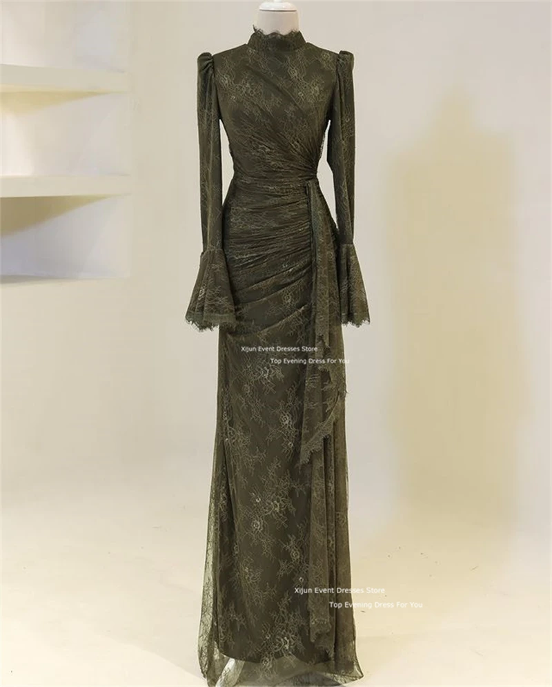 Xijun Modest Full Lace Long Evening Dresses High Collar A-Line Prom Dresses Muslim Moroccan Kaftan Formal Prom Gowns Customized image 6