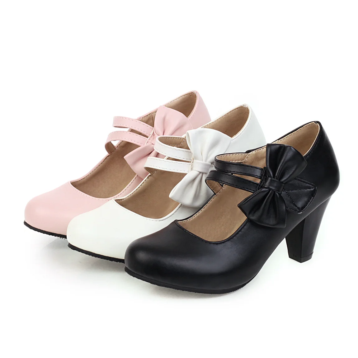 Pink Round Toe Kitten Heel Pumps with Bowknot Ankle Straps - Stylish Lolita PU Leather Chunky Shoes for Women Dance and Work