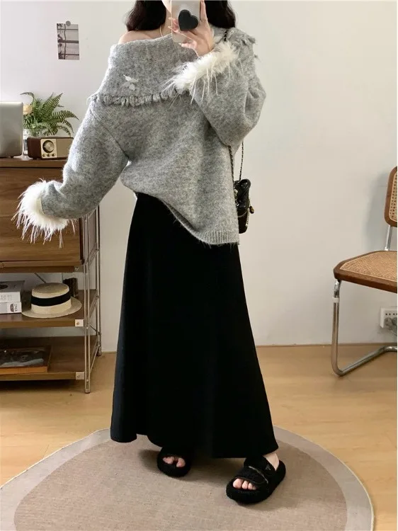 Sexy Off-the-shoulde Tassle Fringe-embellished Grey Knit Pullover Ruffled Collar Loose Mid-length Sweater Women's Winter Trendy