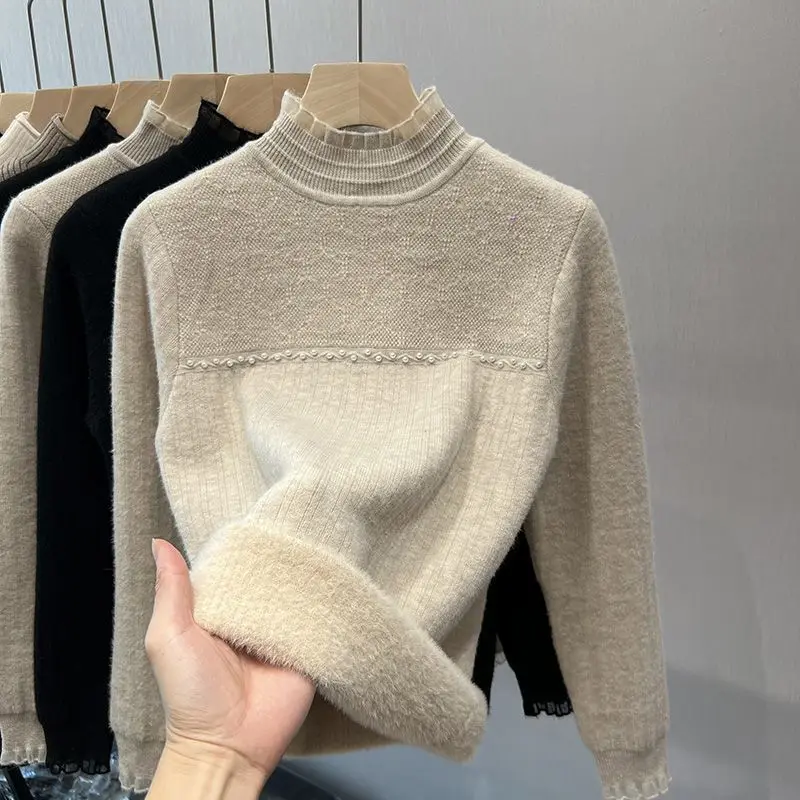 Women's Sweater Fleece Lined Thicken Lace Knitted Base Shirt Autumn Winter Warm Half High Collar Pullover Top Female Clothing