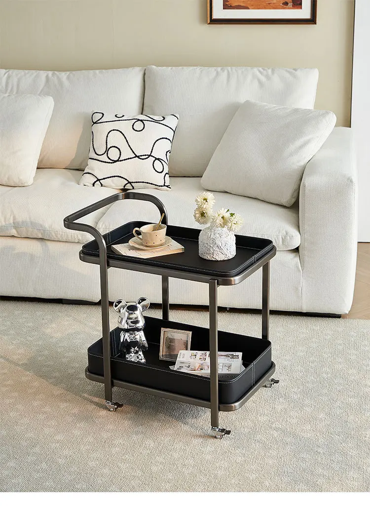 سرج فاخر خفيف من الجلد أريكة متنقلة بجانب عدد قليل من عربات وطاولة القهوة وغرفة المعيشة وزاوية المنزل وعدد قليل من طاولات بجانب السرير مع رف عجلة #6