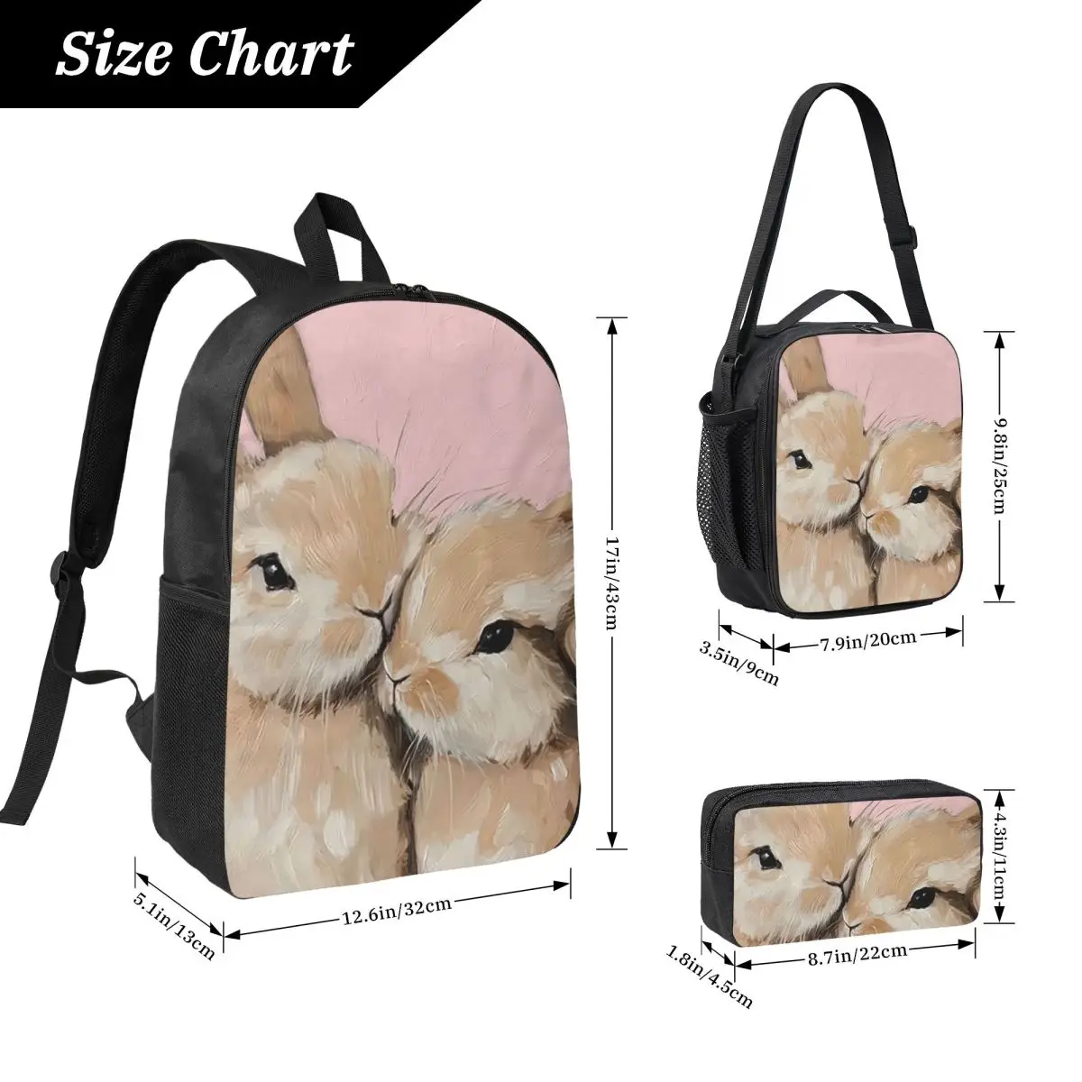 Two Whimsy Rabbit Backpack Student BookBag School Bag Computer Shoulder Bags 3ps Insulated Lunch Bag Pencil Case