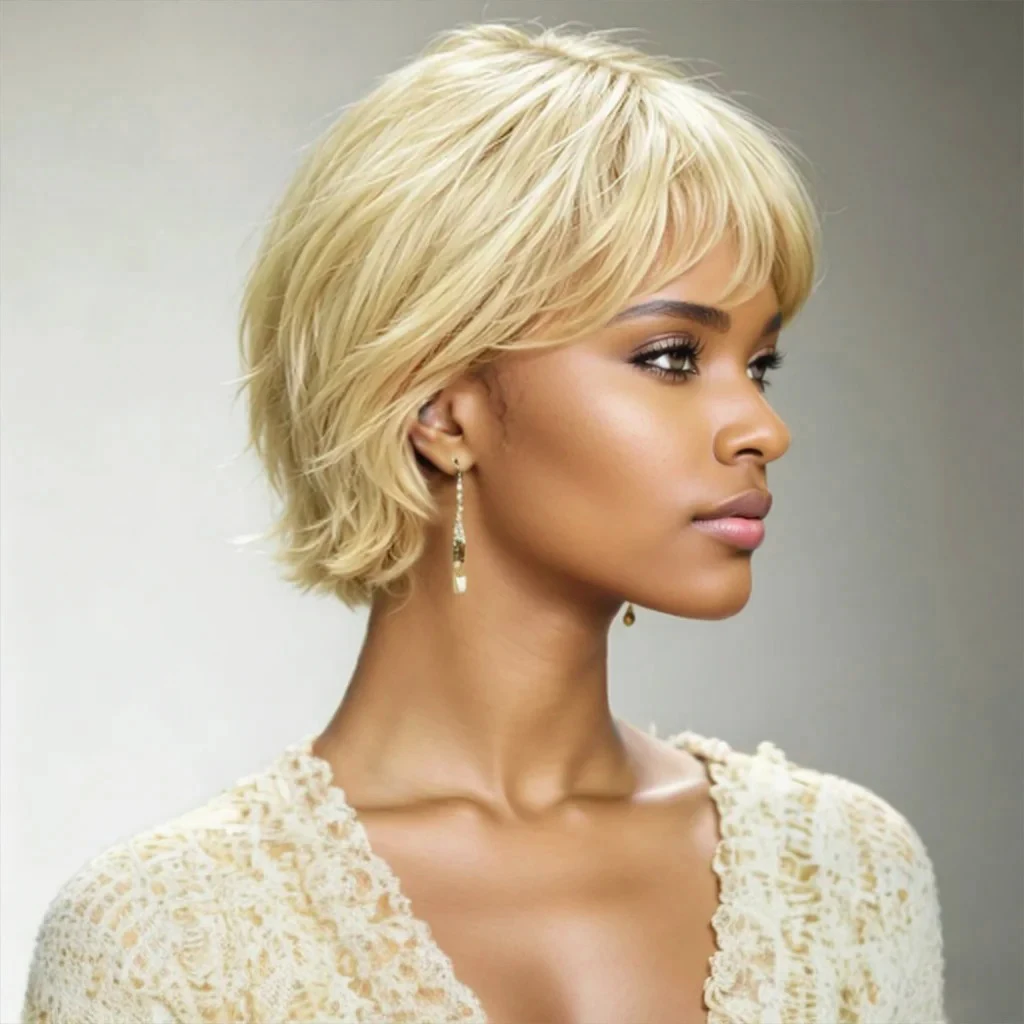 

Women'S Short Straight Platinum Blonde Layered Pixie Human Hair Wig With Bangs Realistic Natural Blonde Pixie Wig Machine Made