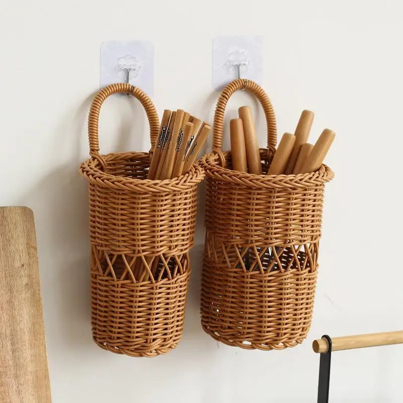 Rattan Weaving Chopstick Cage Wall Mounted Simulated Flower Decoration Hanging Basket Kitchen Tableware Storage Holder