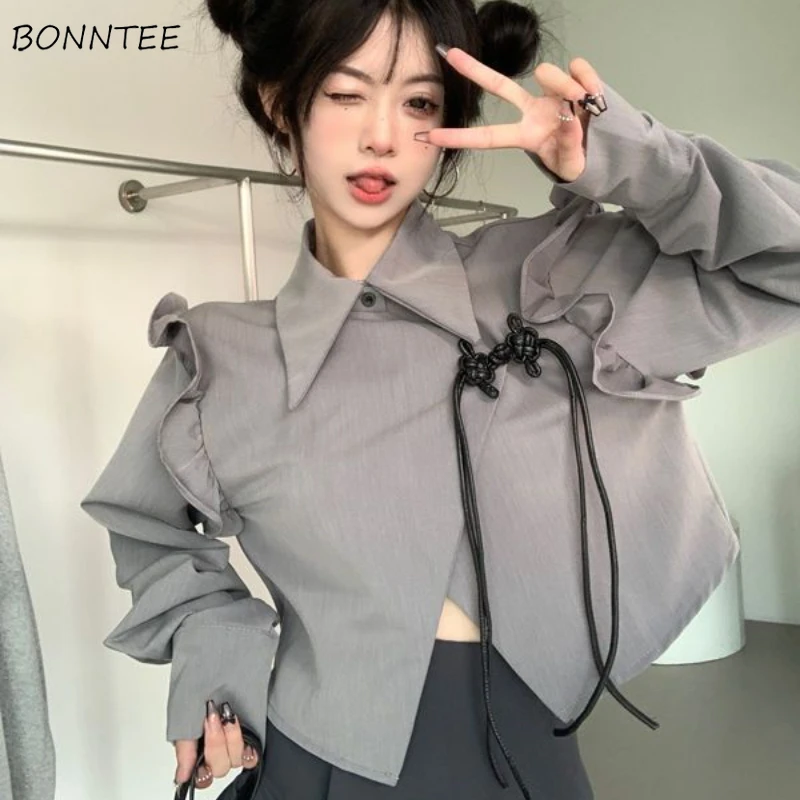 Hotsweet Gray Blazers Women Irregular Ruffles Ins Cropped Outwear Streetwear Chinese Style Simple Fashion Vintage Temperament