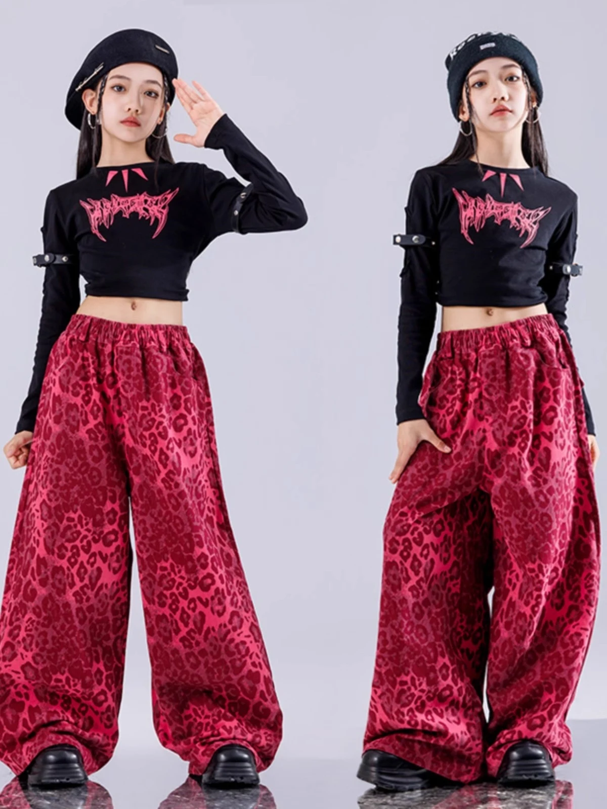 Kpop Meisjes Kleding Jazzdans Kostuum Zwarte Korte Tops Luipaard Broek Hip Hop Praktijk Kleding Moderne Dansvoorstelling Wea14061