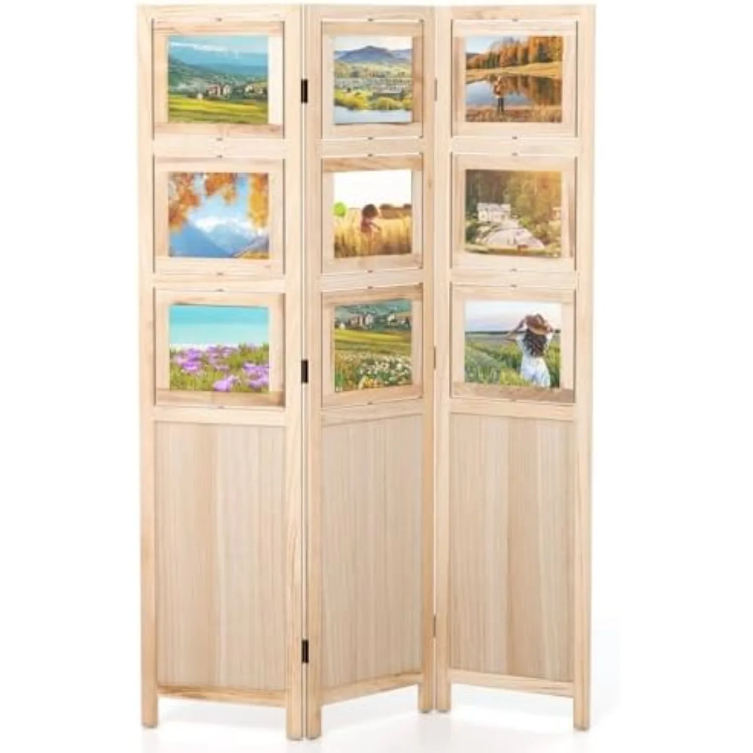 3 Panel Room Divider with 9 Rotating Picture Frames, 67'' Folding Privacy Screen for Photo Display, Freestanding Wood