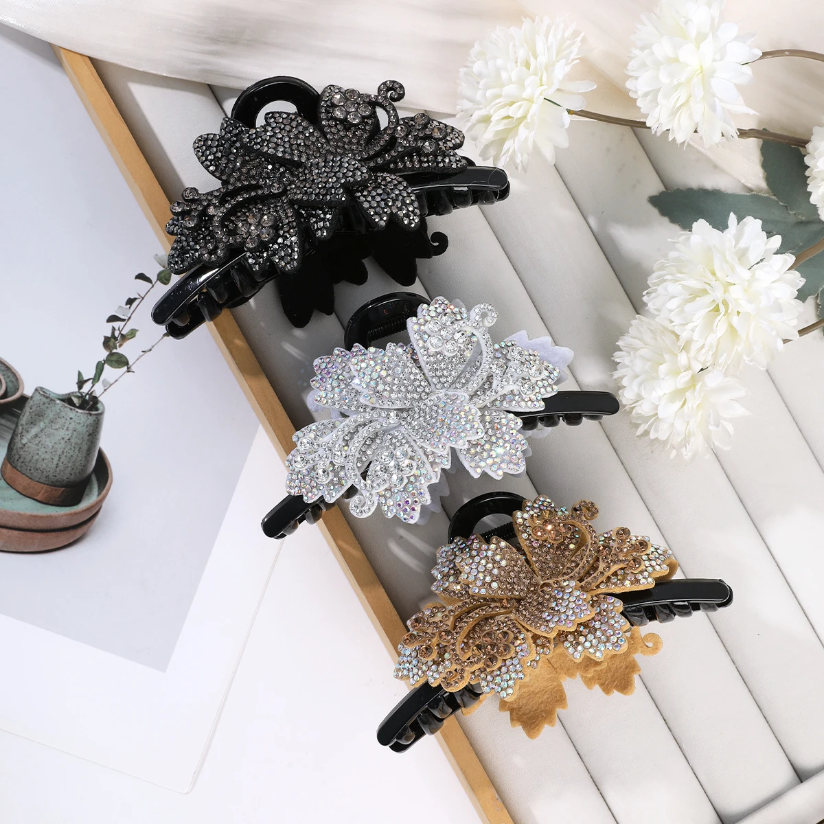 AWAYTR كريستال الشمبانيا بوهينيا مشبك شعر زهور كبيرة النساء كراب المشبك المشابك مشبك شعر القرش كليب إكسسوارات الشعر