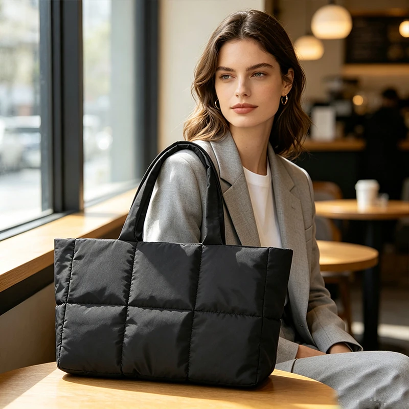 Minimalist Quilted Puffy Tote Bag, Fashion Ladies Tote Handbags Large Capacity Cotton Padded Portable Shoulder Bag Daily Use