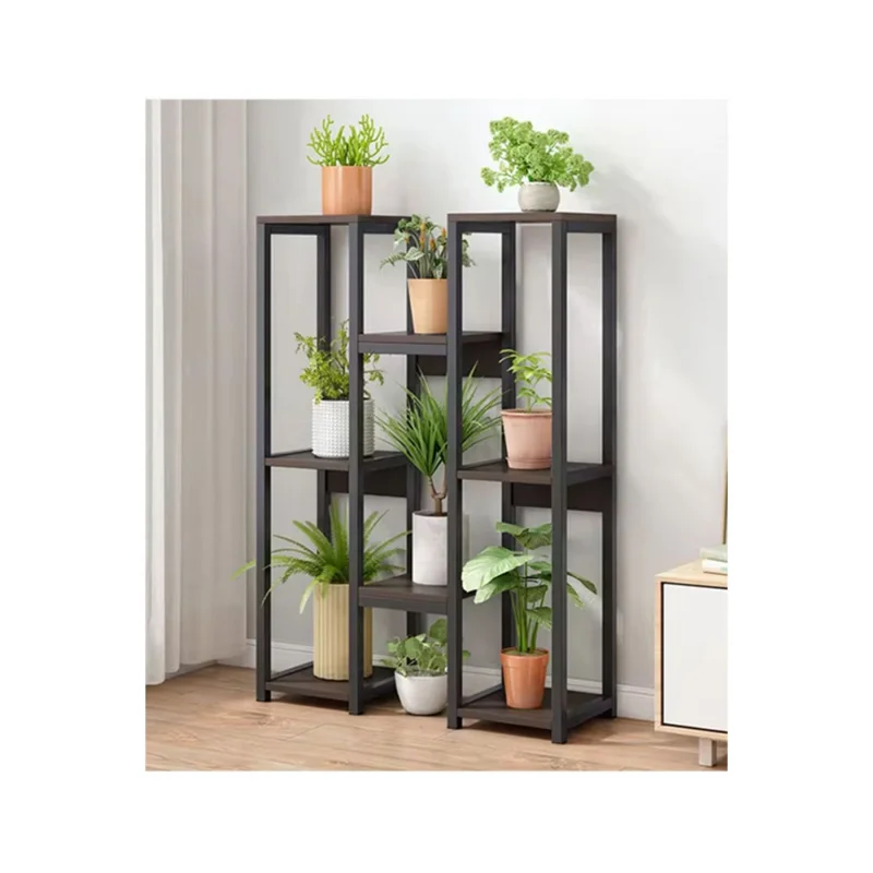 custom.Modern Multi-Layer Wooden Flower Pot Shelf Black Framed Stainless Steel Decorative Wall Display Plant Stand Bathroom