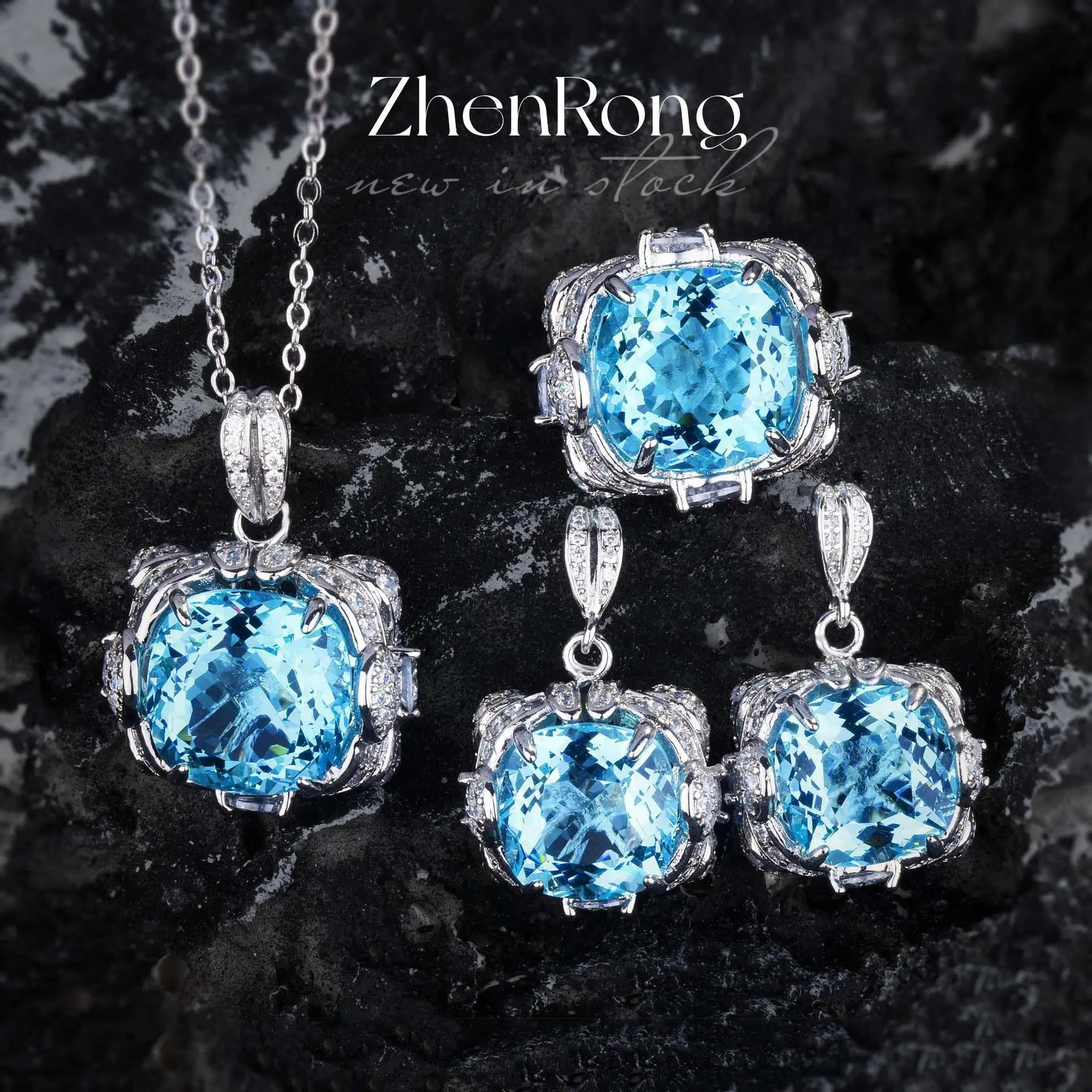 Foydjew Luxury Artificial Aquamarine Sea Blue Topaz Pendant Necklaces Drop Earrings Rings Bridal Wedding Jewelry Sets For Women