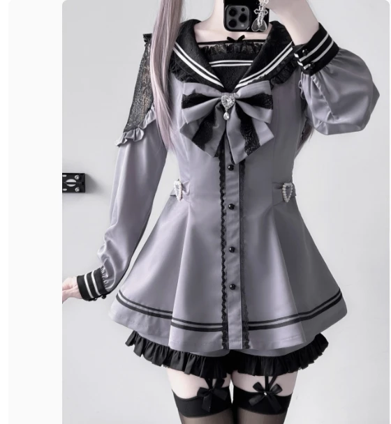 Japanese Mine Series Sweet Short Sleeve Sailor Collar Lace Dress and Shorts 2 Piece Shorts Set Female Girls Summer Lolita Outfit