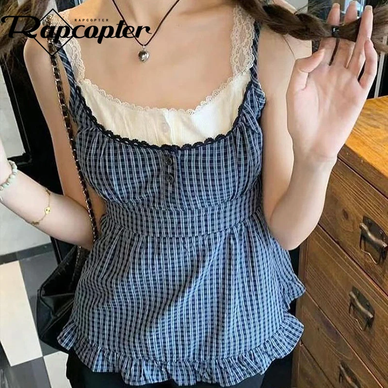 Rapcopter y2k Plaid Frill Mini Vest Patchwork Spaghetti Strap Vintage Cute Korean Sweats Ruffles Button Lace Camisole Harajuku