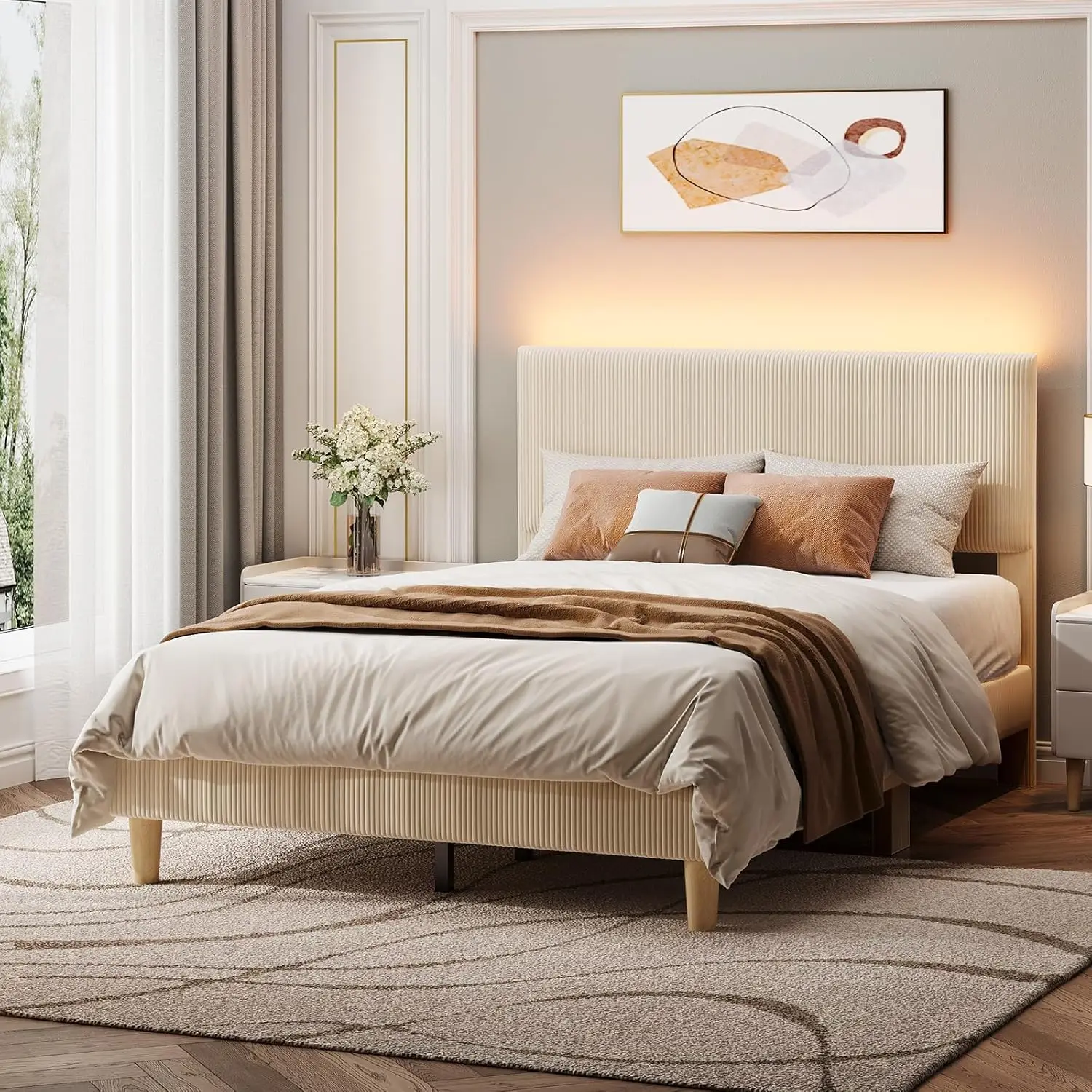 

Full Bed Frame with Adjustable Headboard, LED Lighting, Vertical Channel Tufted Corduroy Upholstered, Solid Wooden Slats