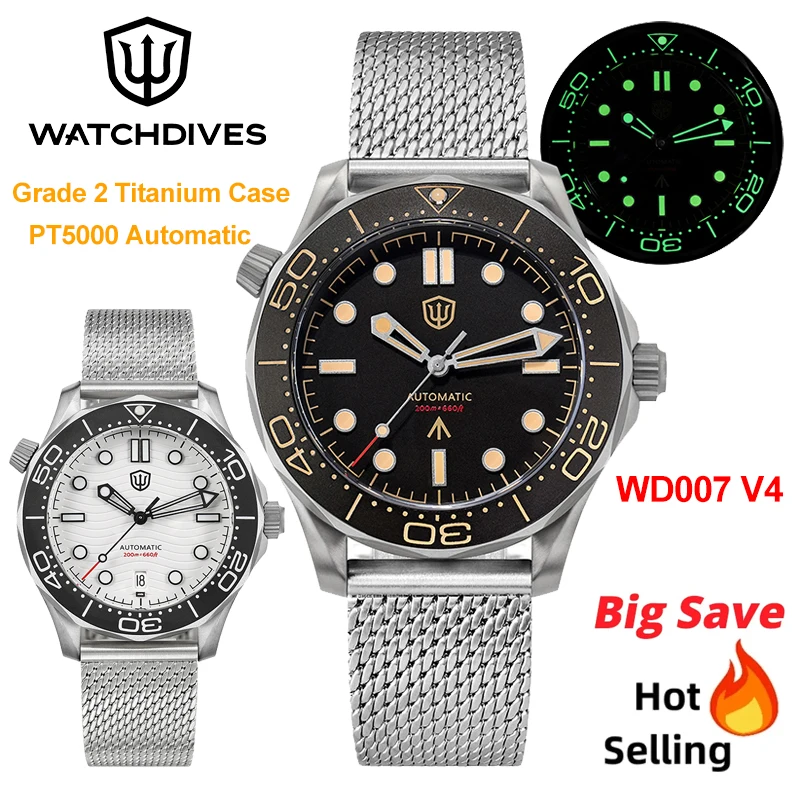 Watchdives WD007 V4 Grade 2 Titanium Mechanical Watch PT500 Automatic Domed Sapphire Crystal Luminous 200m Waterproof Men Watch