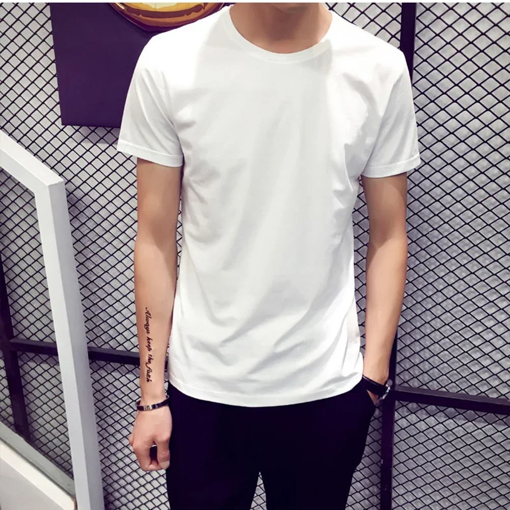 Daily Leisure Men Shirt Men Cotton T-Shirt Crew Neck O-neck Short Sleeve Slim Fit Solid Color Breathable Casual