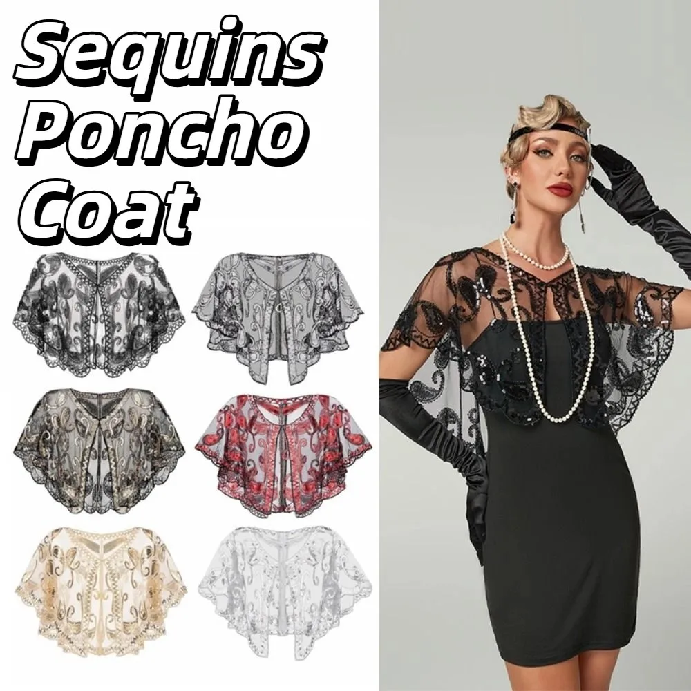 

Retro Sequins Poncho Coat Vintage Style Embroidery Sequins Tassel Shawls Short Cape Multicolor Sequin Beaded Short Cape