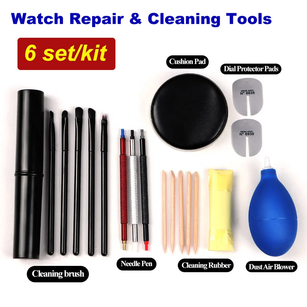 6Kits Watch Repair Accessories Rubber Dust Air Blower Protector Pads Needle Pen Cleaning Brush Suit Watch Repair Tools Care Kit