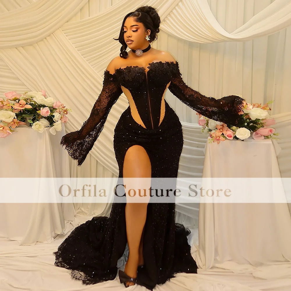 Sexy Mermaid Prom Dress Lace Beading African Evening Dresses With Long Sleeves שמלות ערב Prom Party Customized
