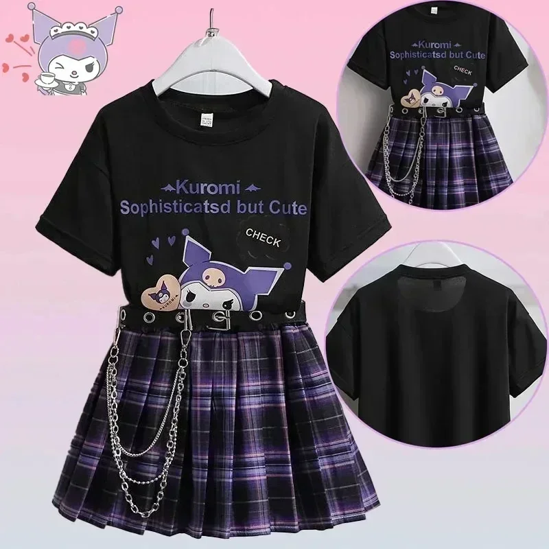 

Kawaii Kuromi Short Sleeves Skirt Suit Sanrio Anime Child Preppy Style T-shirt Pleated Skirt Student Fashion Trend JK Uniform Tw