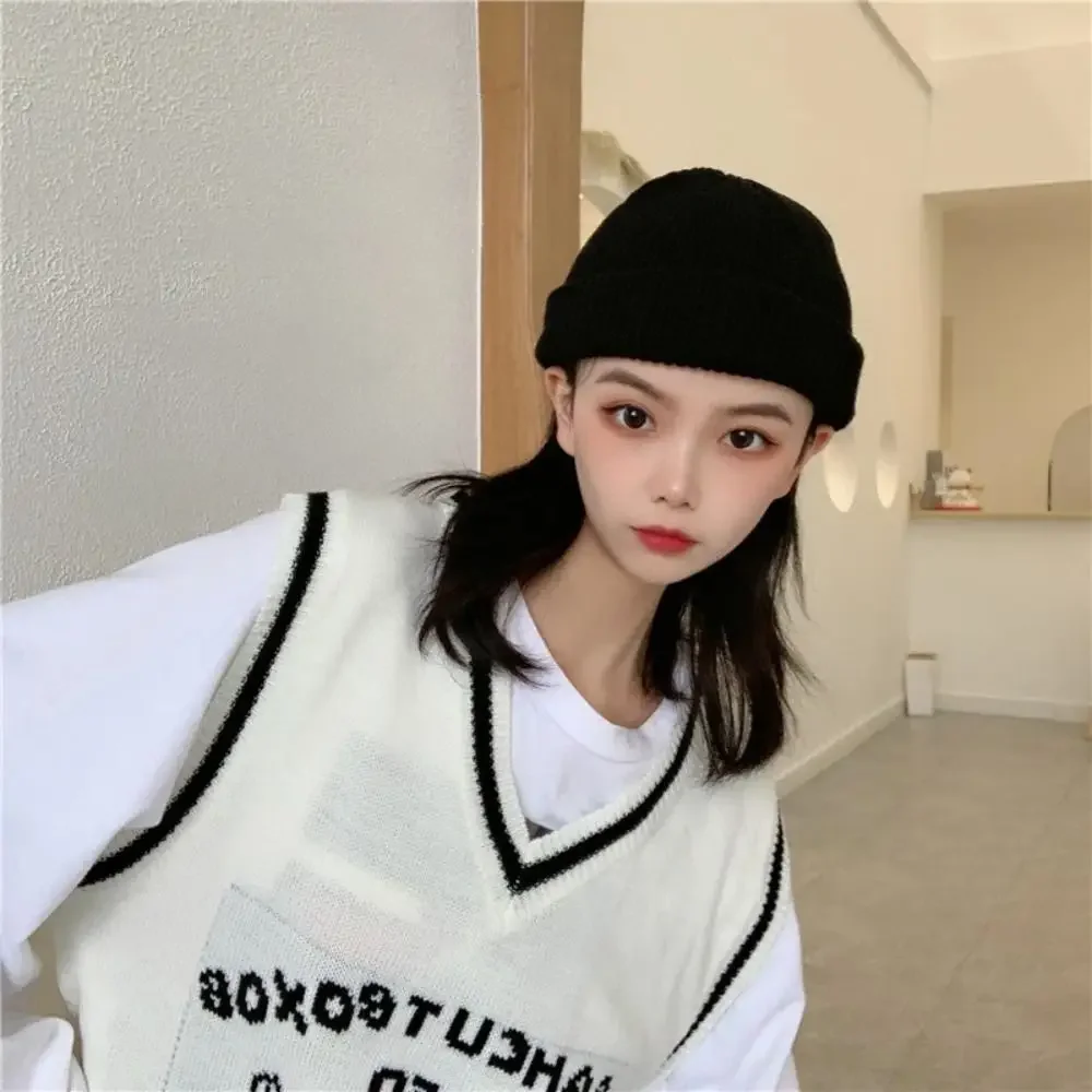 Casual Korean Style Knitted Hats Flanged Short Hip Hop Hat Warm Skullcap Autumn and Winter