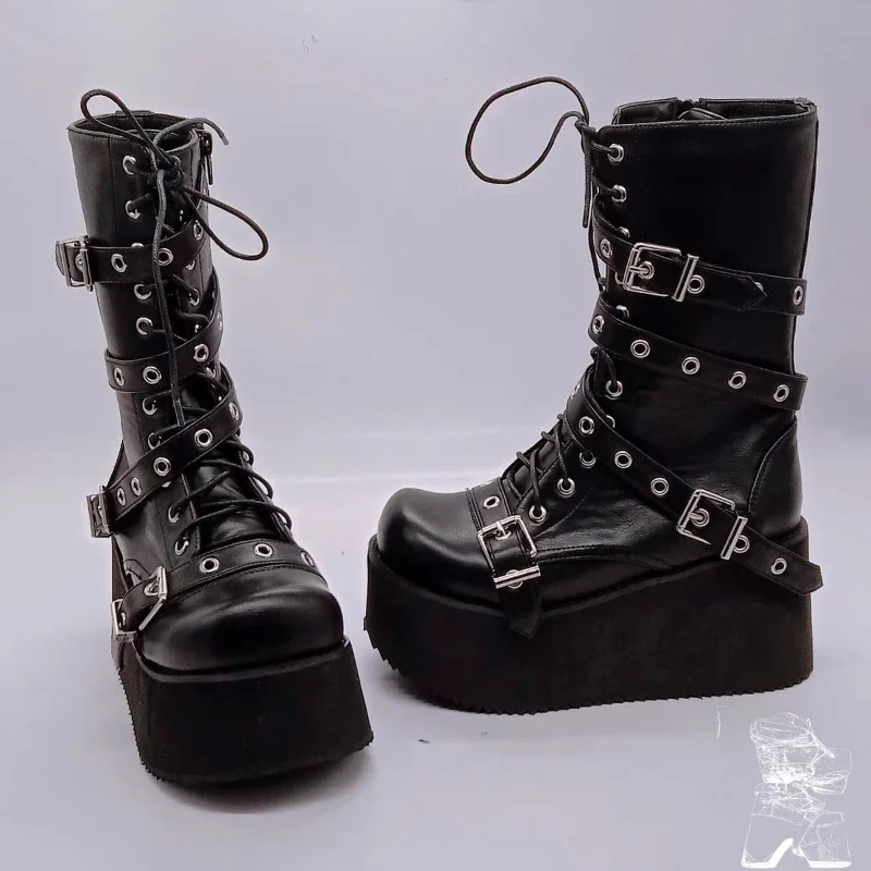 Women\'s Black Punk Couture Platform Boots Round Toe Belt Buckle Side Zipper Gothic Cosplay Pumps Autumn Shoes for Women