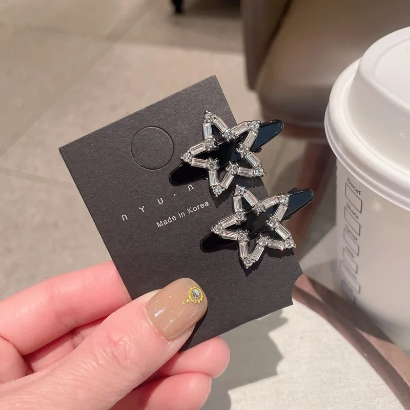 2pcs Simple Style Zircon Star Duck Bill Clip One-word Elegant Bangs Side Clip Fashionable Small Hairpin