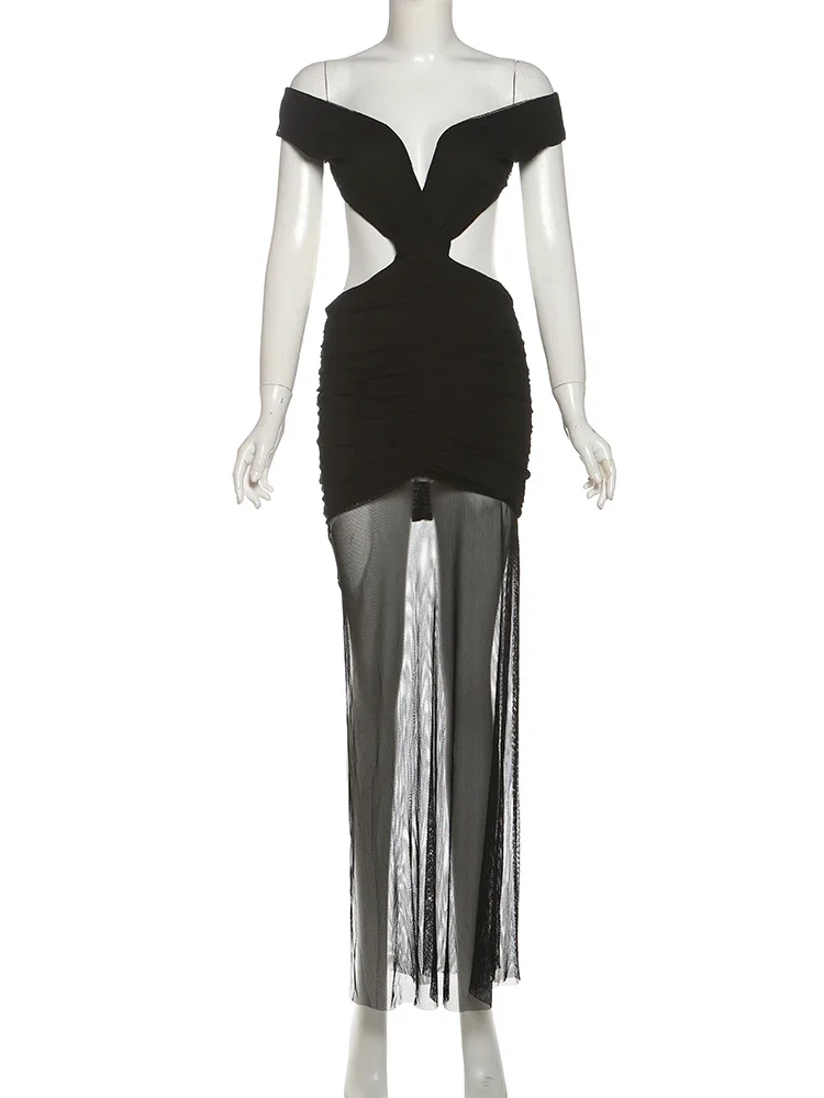 kliou Luxury Trend Women Maxi Dress Elegant Unque Off Shoulder Shirring Waistless Bandage Bodycon Female Evening Banquet Vestido
