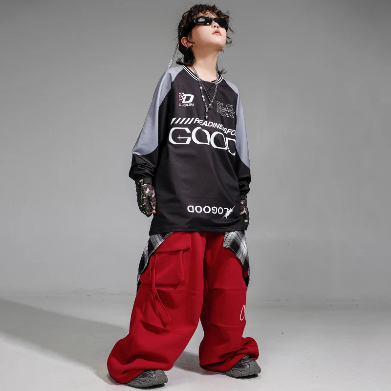 Jersey de Hip Hop para niños, pantalones Cargo rojos de baile callejero, trajes para correr K-pop para niñas, conjuntos de ropa deportiva de Jazz para niños, ropa de calle para niños