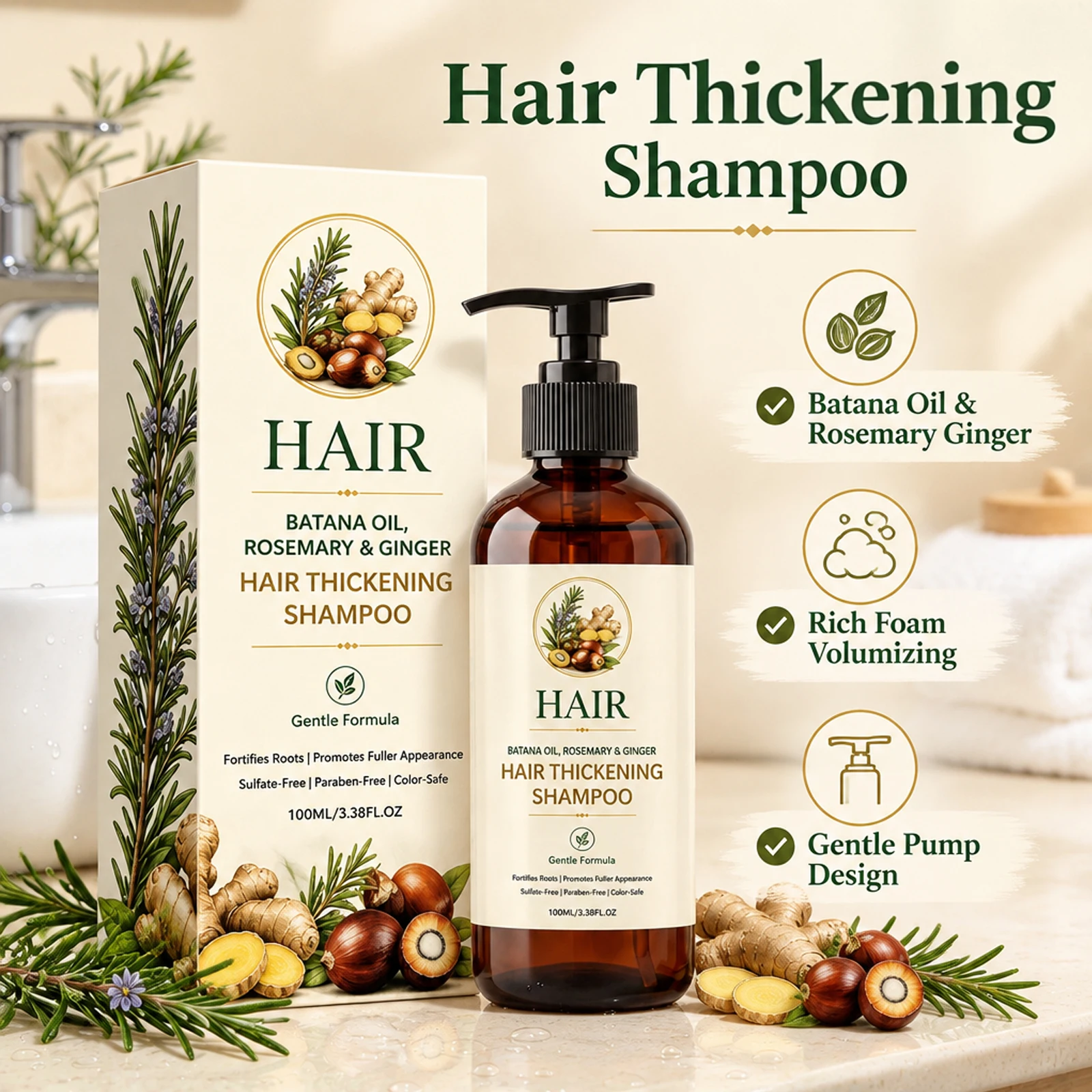 Hair Thickening Volumizing Shampoo Batana Oil Rosemary Ginger Rich Foam Gentle Cleansing For Fuller Hair Appearance
