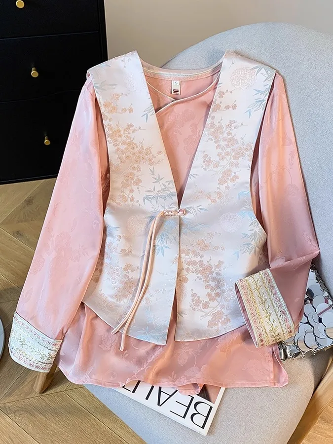 New Chinese Style Long Sleeve Satin Base Shirt Women's Fashion Spring Autumn National Style Embroidery Tunic Top