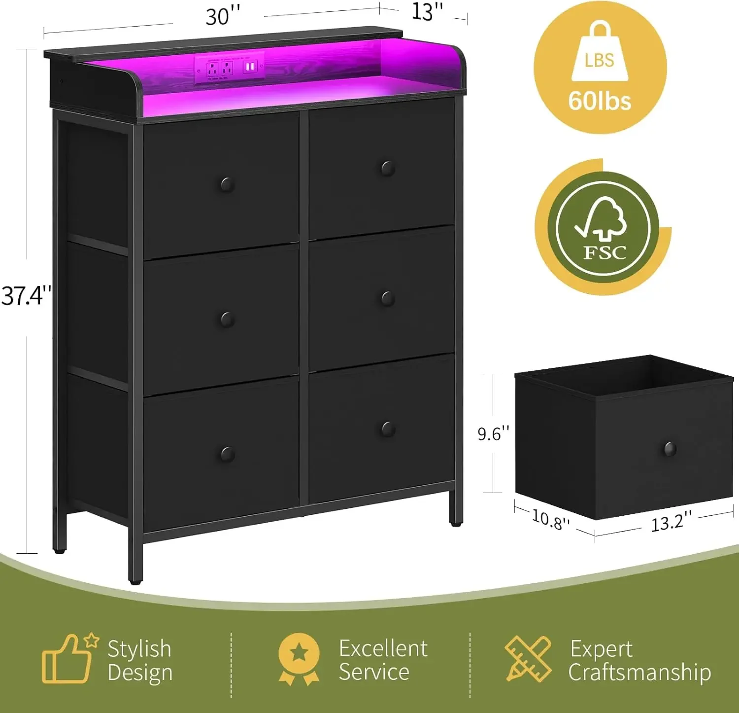 Dresser for Bedroom with Charging Station, 6-Drawer Chest Furniture with LED Lights, Fabric Dressers & Chests of Drawers