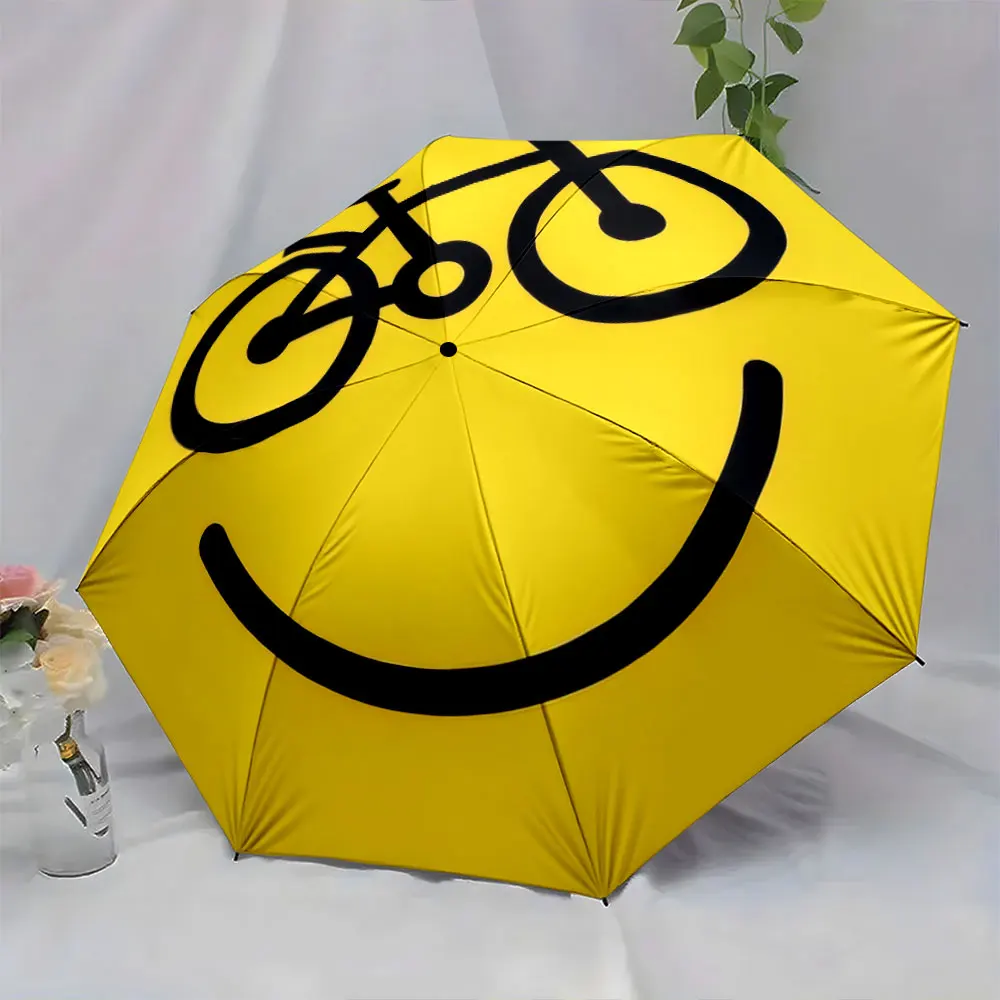 1PC Bright yellow umbrella with playful bicycle smile design Print 8 Iron Ribs Folding Umbrella Auto-Open Fashion Sunshade