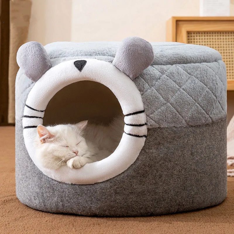 Cat Pet Bed Cave Warm Tent Soft Indoor Enclosed Covered Cavern House For Cats Kittens Small Pets With Removable Cushion Pad