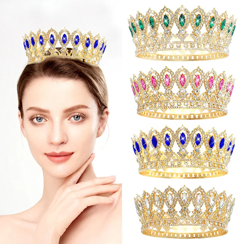 Vintage Crystal Crown Baroque Marquise Rhinestone Tiara Round Diadem Bridal Wedding Headdress Hair Jewelry Accessories