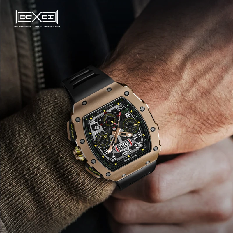 BEXEI 9032   Automatic mechanical movement Fashion  Luxury watch for men skeleton synthetic sapphire waterproof   Reserve 45H