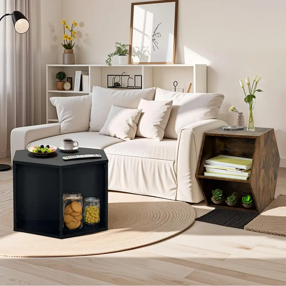 Zeshoekige salontafel bijzettafel nachtkastje antiek hout geometrische vorm opslag 23,62 inch