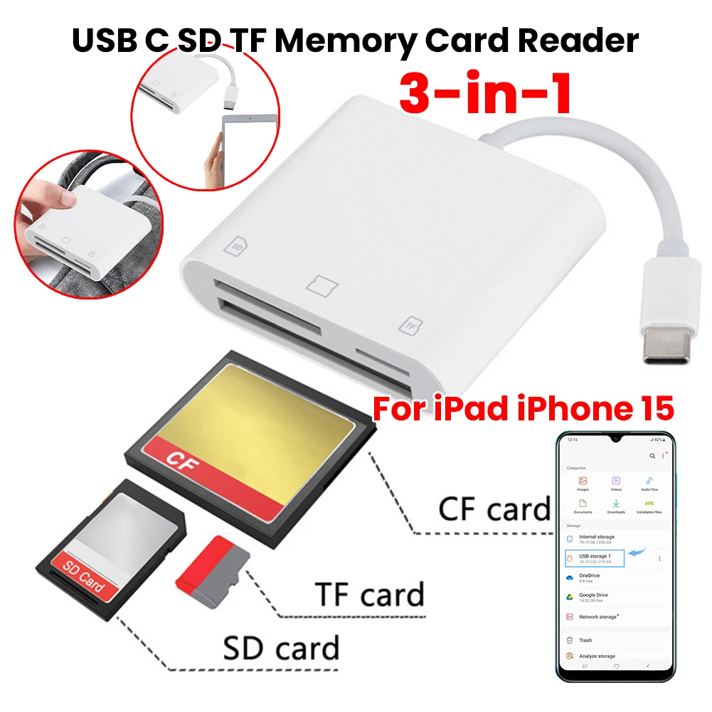 

3 in 1 Type-C To SD/TF/CF Memory Card Adapter CF SD TF Compact Camera Card Reader Driver Free for iPad iPhone 15 MacBook Samsung