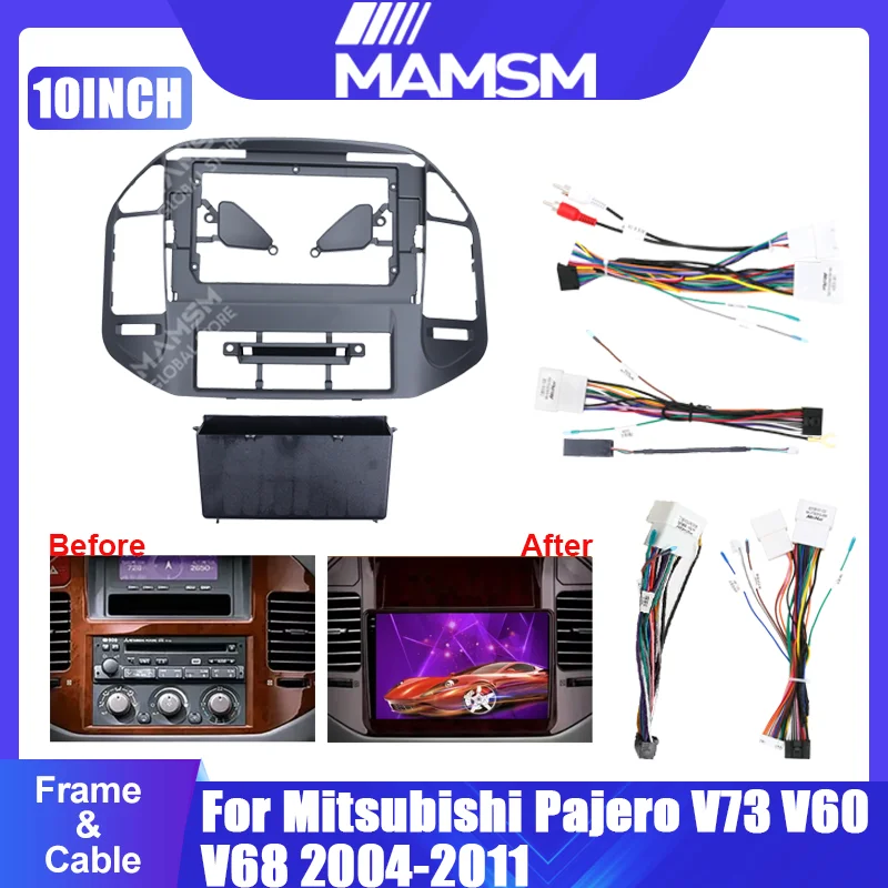 10inch Car Radio Face Frame For Mitsubishi Pajero V73 V60 V68 2004-2011 Fascia Stereo Panel Mounting Head Unit Canbus Cable